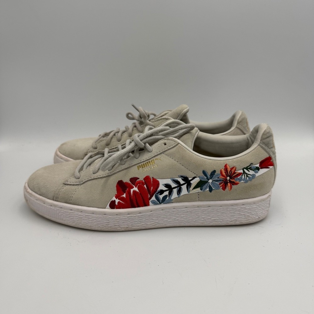 Puma Suede Hyper Embellished Grey Floral Embroidery Sneakers Womens 8.5